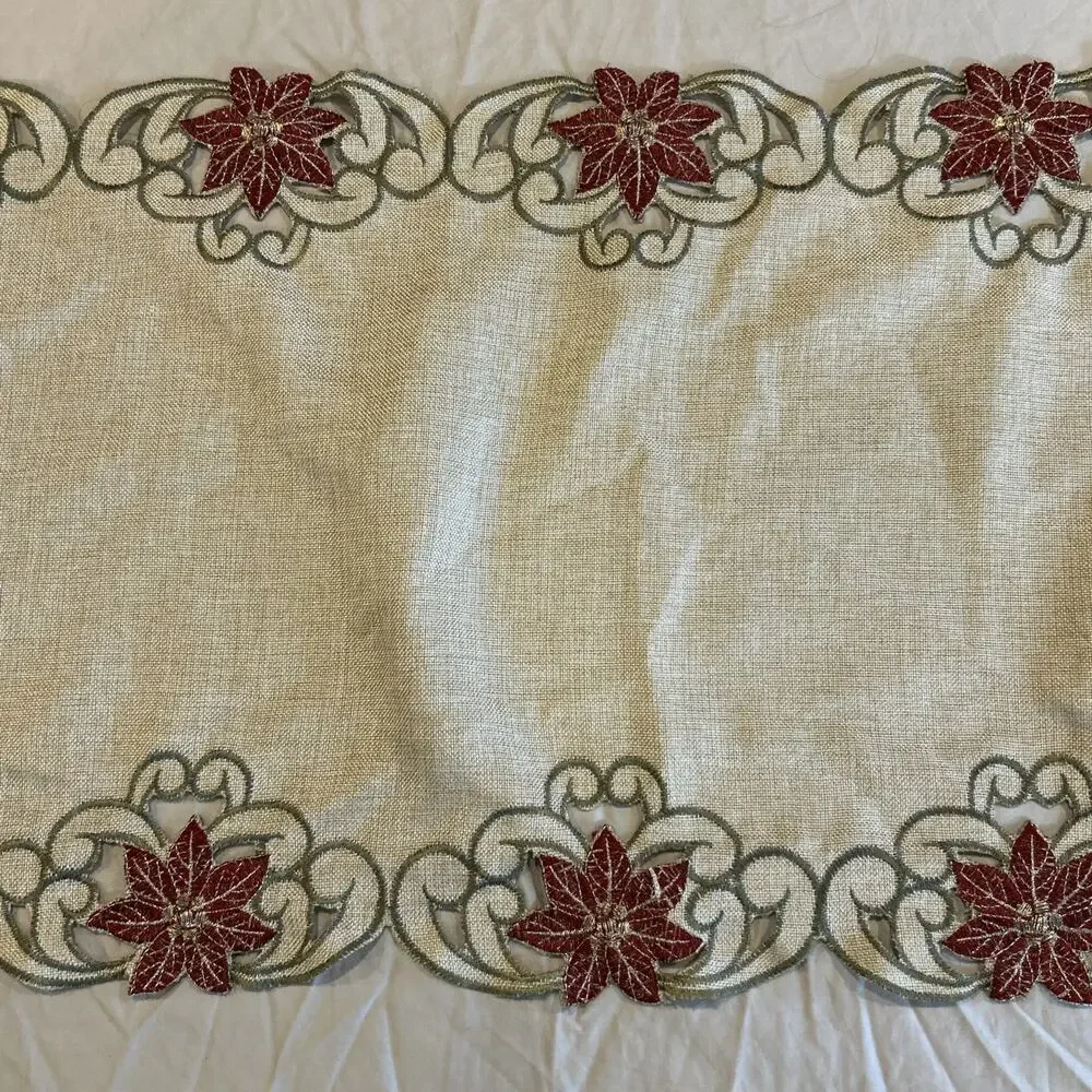 Christmas Table Runner 69 x 15 Inch Embroidered Poinsettia Cutwork Holiday Linen